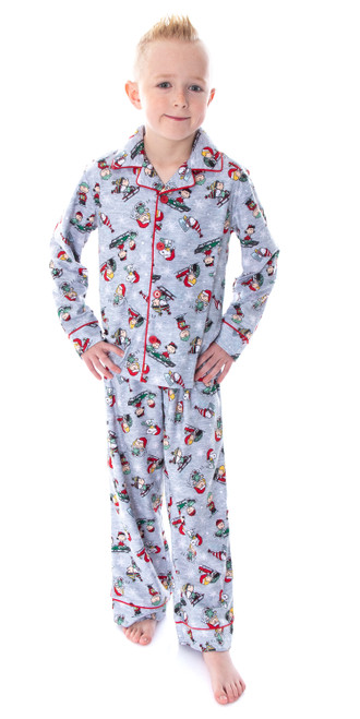 Peanuts Boys' Holiday Woven Button-Up Coat And Pants Kids Pajama Set - 843437195846