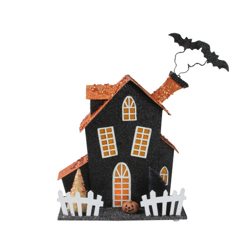 9.5" Pre-Lit Black and White LED Glitter Haunted House Halloween Tabletop Decor