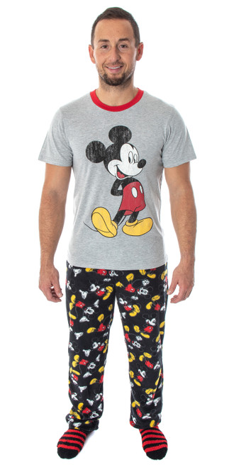 Disney Mickey Mouse Men's 3 Piece Pajama Set (Fleece Pants, Shirt, Socks)
