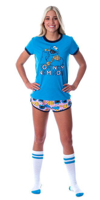 Sesame Street Women's Cookie Monster NOM NOM 3 Piece Loungewear Pajama Set - 194173044340