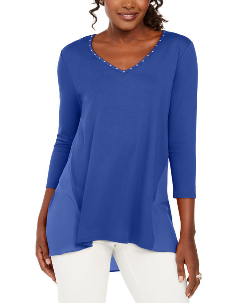 JM Collection Women's Mixed-Media Studs Top Dark Blue Size Small