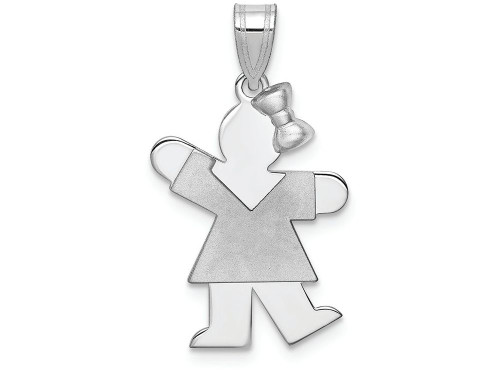 The Kids Small Girl with Bow on Right Engraveable Charm / Pendant Necklace in 14 kt White Gold