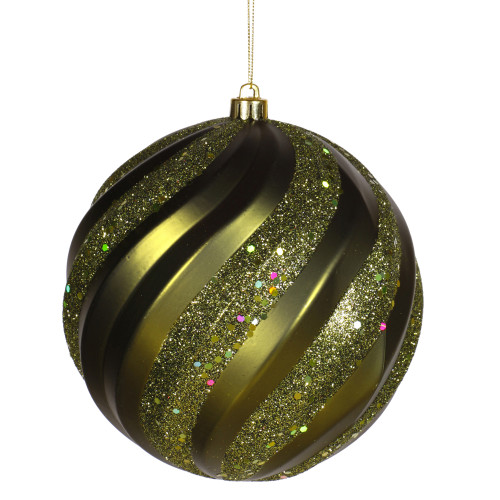 Glitter Olive Green Shatterproof Swirl Christmas Ball Ornament 6" (150mm)