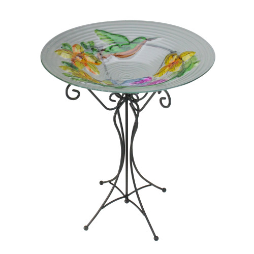 22.5" Vibrantly Colored Hand Painted Glass Hummingbird and Flowers Outdoor Patio Bird Bath