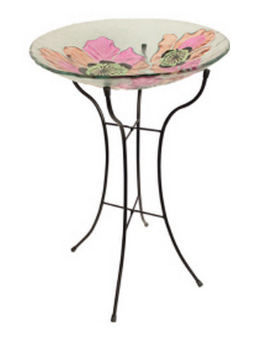 26" Pink and Clear Enchanted Outdoor Garden Poppy Flower Glass Bird Bath Feeder - 30925504