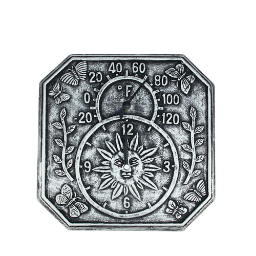 13.75" Gray Terracotta Embossed Sun, Flowers and Butterflies Indoor or Outdoor Wall Clock Thermometer