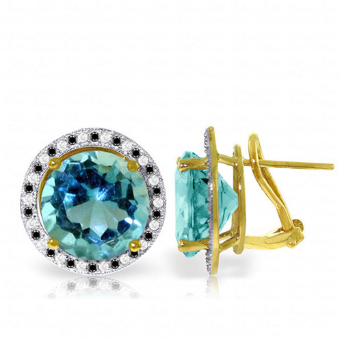 14k Solid Gold Stud French Clips Earrings Black / White Diamonds & Blue Topaz
