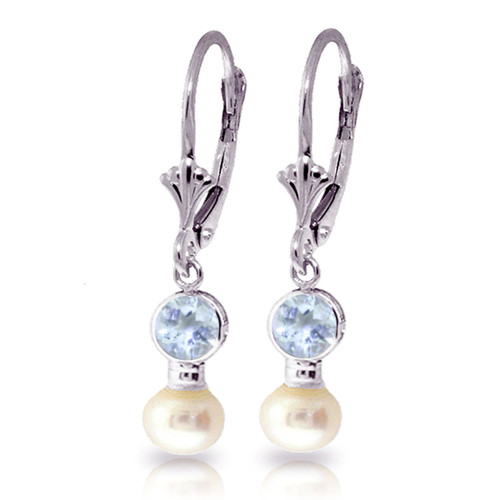 14k White Gold Dangle Earrings with Freshwater-cultured Pearl and Aquamarine