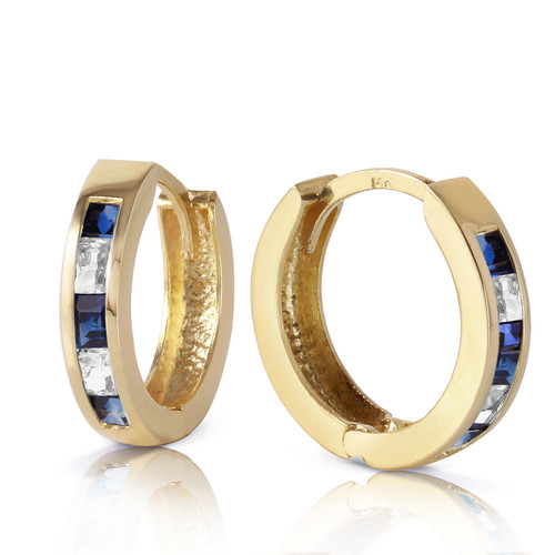 14k Yellow Gold Natural White Topaz and Sapphire Hoop Huggie Earrings