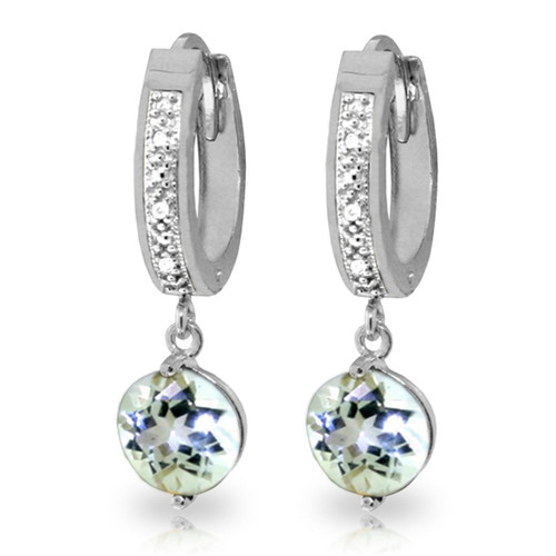 14k White Gold Hoop Earrings with Diamonds and Aquamarine