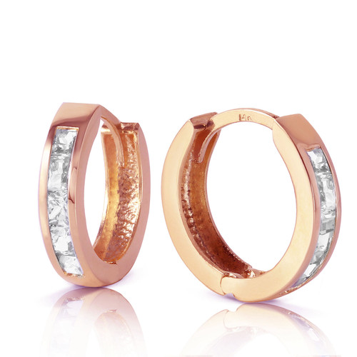 1.2 Carat 14K Solid Rose Gold Hoop Huggie Earrings White Topaz