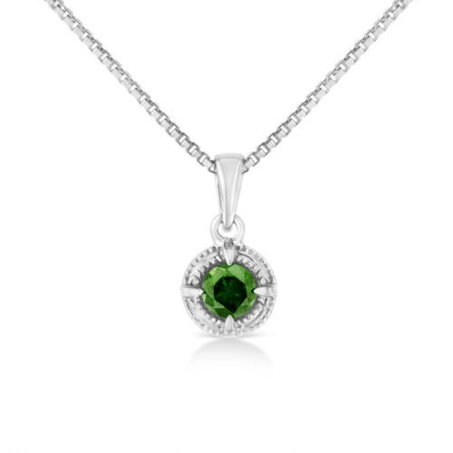 Women's Sterling Silver Solitaire Round Green Diamond Milgrain Design Pendant Necklace