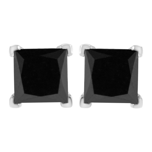 Women's Sterling Silver Classic Stud Earrings with Princess Black Diamond, 2 Carats
