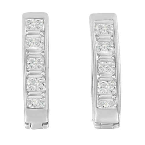 14K White Gold Princess and Baguette Cut Women's Diamond Hoop Earrings