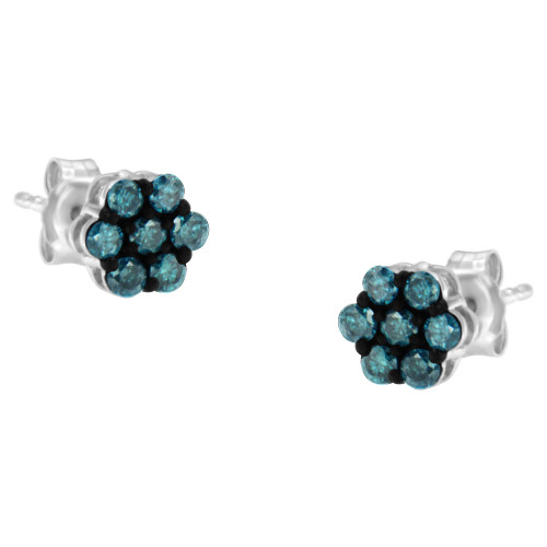 Women's Sterling Silver Black and Blue Diamond Floral Stud Earrings - 0.5 Carat