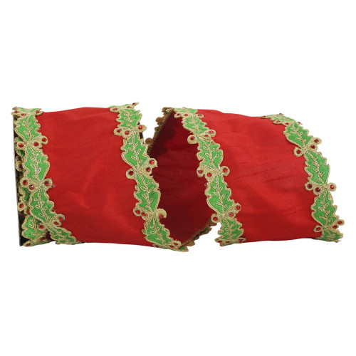 Red and Green Holly Leaf Jewel Embroidery Edge Christmas Wired Craft Ribbon 4" x 5 Yards