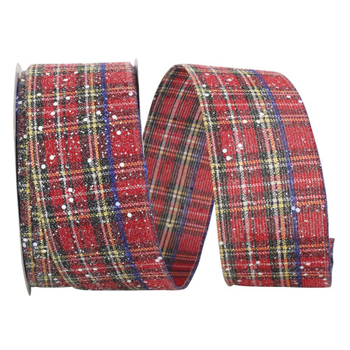 Red and Blue Snow Speckled Traditional Plaid Wired Edge Ribbon 2.5" x 20 Yards