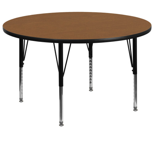 60'' Oak Brown Contemporary Round Activity Table with Adjustable Short
