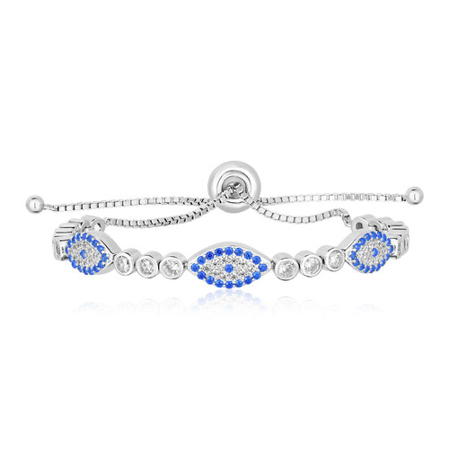 Sterling Silver Adjustable Enameled Evil Eye Bracelet with Cubic Zirconias Sterling silver 9.25