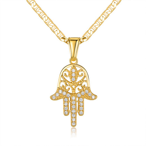 18K Gold Plated Crystal Hamsa Charm Necklace-16"