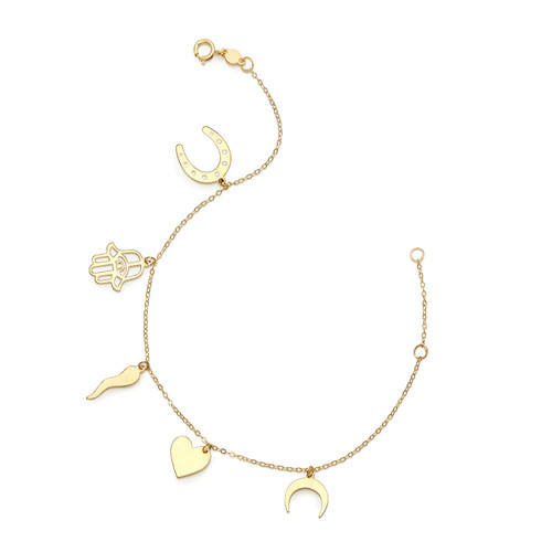 14k Yellow Gold Hamsa Heart Moon Charm Bracelet, 7"