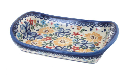 Blue Rose Polish Pottery Butterfly Small Rectangular Tray with Handles