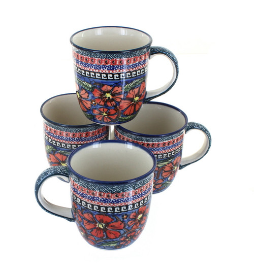 Blue Rose Polish Pottery Jungle Flower 4 Piece Mug Set