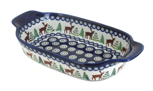 Blue Rose Polish Pottery Reindeer Pine Rectangular Serving Dish