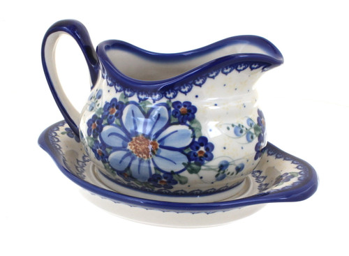 Blue Rose Polish Pottery Daisy Surprise Gravy Boat & Plate