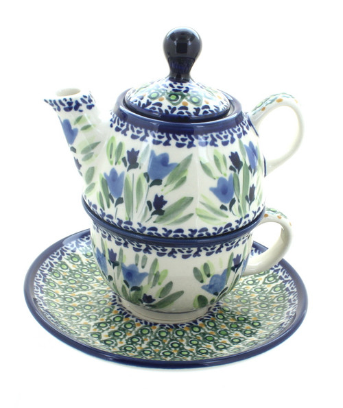 Blue Rose Polish Pottery Blue Tulip Individual Teapot & Cup