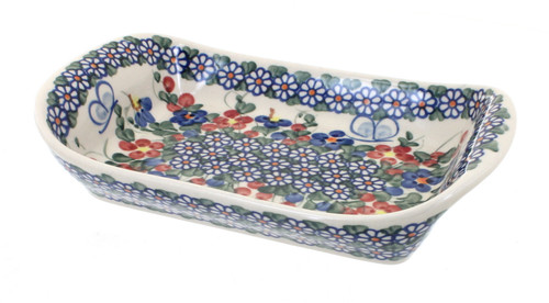 Blue Rose Polish Pottery Garden Butterfly Medium Rectangular Tray with Handles