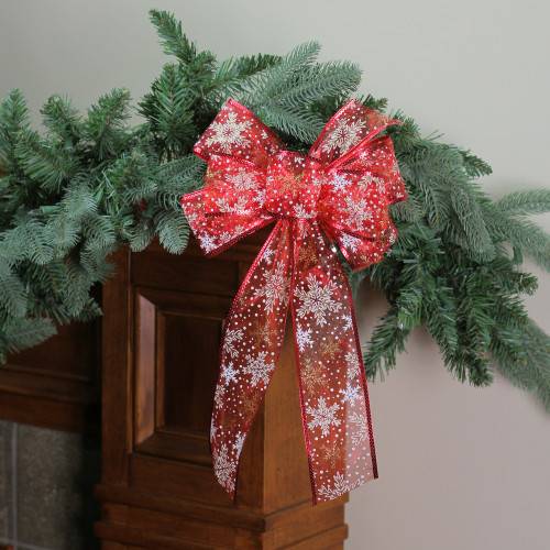 16" Red and White Snowflakes 6 Loop Christmas Bow Decoration