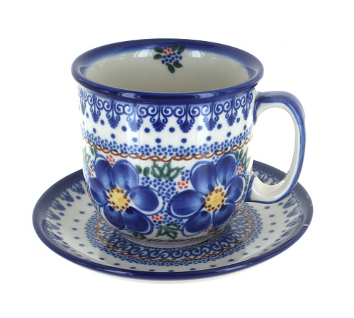 Blue Rose Polish Pottery Bellflower Coffee Cup & Saucer