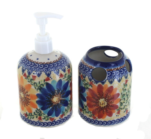 Blue Rose Polish Pottery Autumn Burst Soap Dispenser & Toothbrush Holder