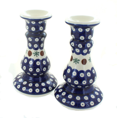 Blue Rose Polish Pottery Nature Candle Stick Pair