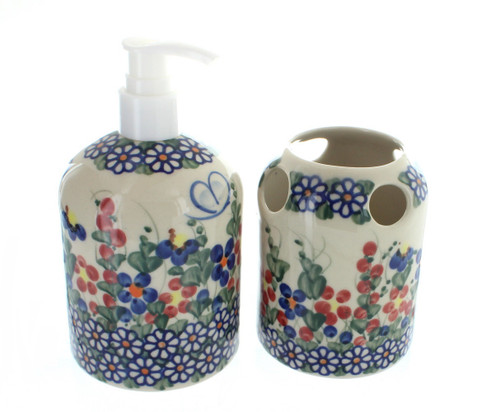 Blue Rose Polish Pottery Garden Butterfly Soap Dispenser & Toothbrush Holder