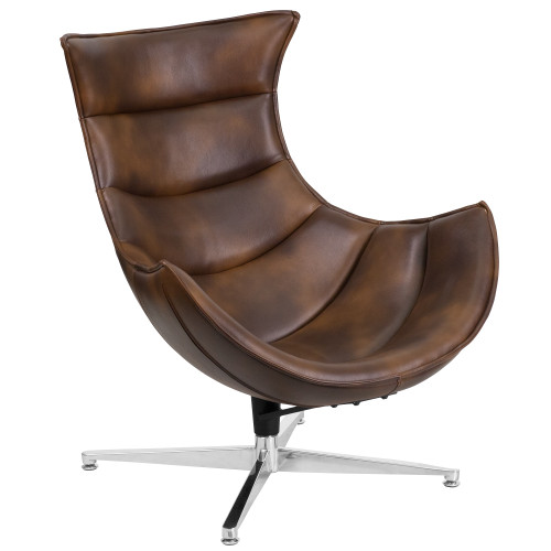 38.25” Brown Bomber Jacket Leather Swivel Cocoon Chair