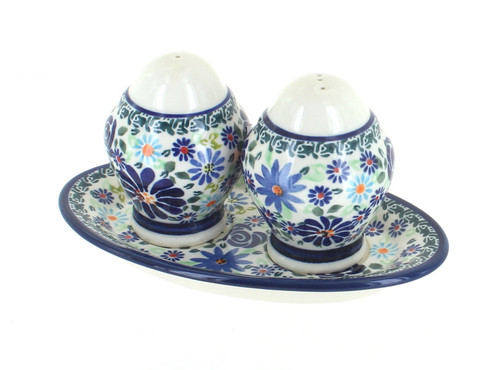 Blue Rose Polish Pottery Fantasy Salt & Pepper Shakers with Plate