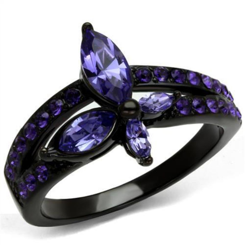 Women's Black Ion Plated Stainless Steel Ring with Tanzanite Crystals - Size 8