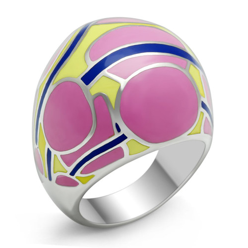 Yellow and Pink Stainless Steel Polka Dotted Ring With Epoxy- Size 8