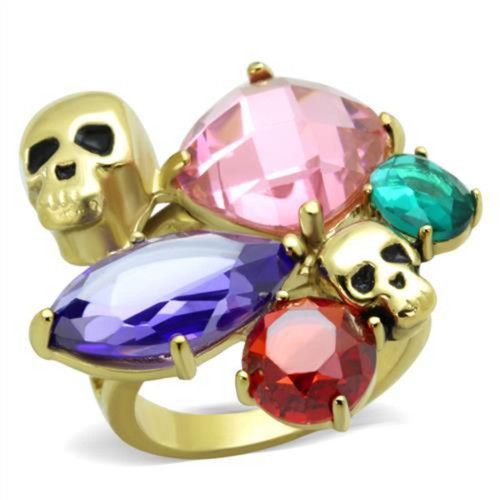 Women's Gold IP Stainless Steel Skull Shaped Ring with Multicolor Cubic Zirconia - Size 9