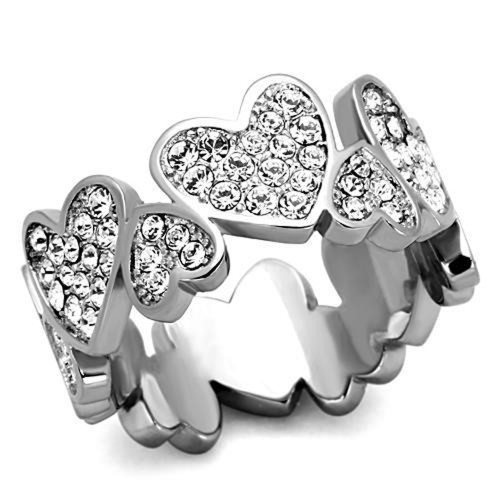 Women's Stainless Steel Heart Shaped Eternity Ring with Clear Crystals - Size 7