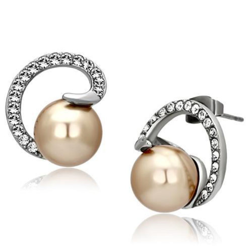 Women's High Polished Stainless Steel Earrings with Brown Synthetic Pearl