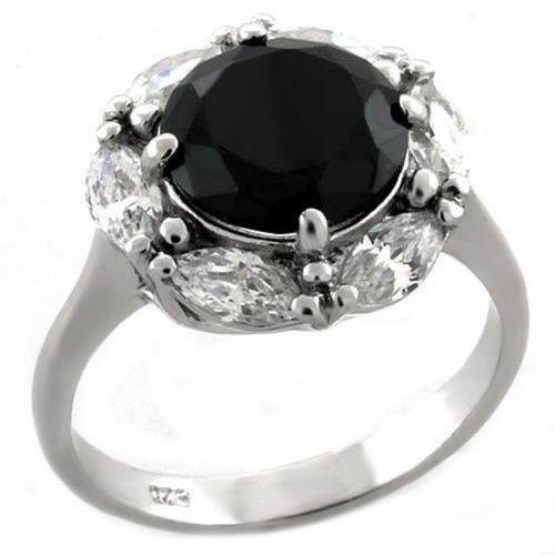 Women's Rhodium Finished Sterling Silver Ring with CZ Black Jet Stone - Size 7