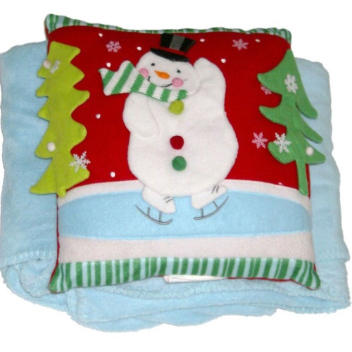 Holiday Time Pom Pom Snowman Accent Pillow & Super Soft Blue Throw Blanket Set