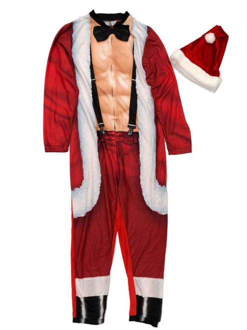 Mens Sexy Santa Christmas Holiday Union Suit Blanket Sleeper Pajamas & Hat - CM0100519 BRF ADULT UNION L