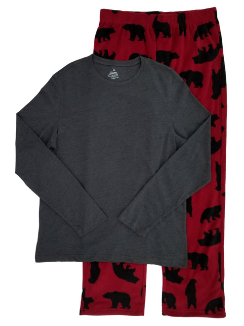 Mens 2 Piece Long Sleeve Shirt & Microfleece Bear Pants Pajama Set Sleep Set - a0516192pcpjgrayburgbear L