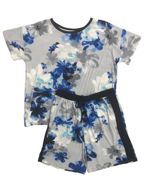 Layla Womens Gray & Blue Floral Knit Pajamas T-Shirt & Shorts Sleep Set - CM123020 LAYLA GRAY S