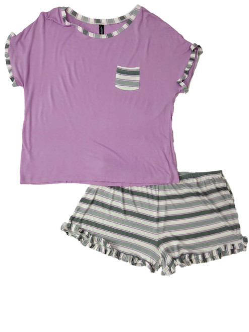 Womens Junior Purple White & Gray Ruffle Stripe Pajamas Shorts Sleep Set - JS2619AL PPLGRY STP SET XL