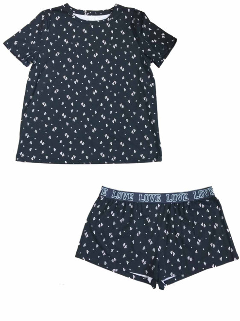 Womens Black & Pink Stars & Hearts Scribble Pattern Pajamas Shorts Tee Sleep Set - JS51418 SO BL HRT STR SPST L